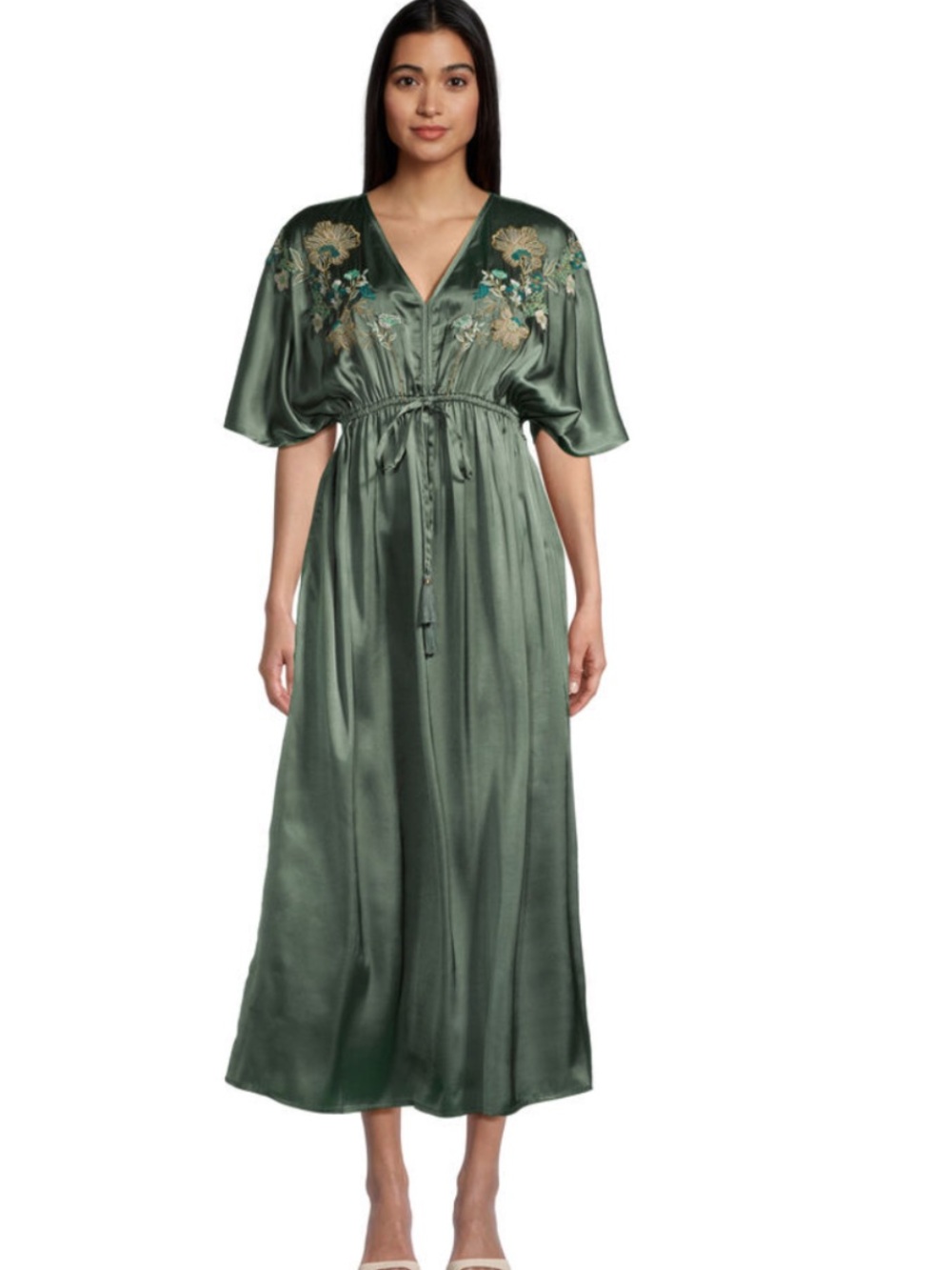 World Market Mira Laurel Olive Green Satin Embroidered Floral Maxi Dress Size L